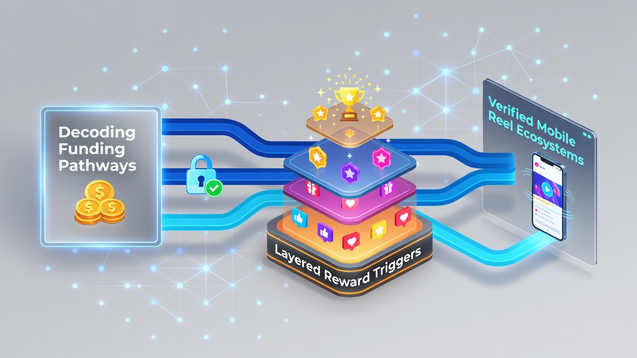 Illustration von gestaffelten Belohnungstriggern und Wallet-Integrationen in mobilen Reel-Apps